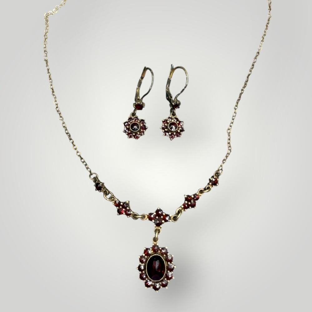 Antique Victorian Bohemian Garnet 900 Silver Necklace & Earrings Jewelry Set